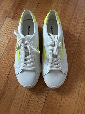 Madewell Sidewalk low-top sneakers in white leather with yellow accents
